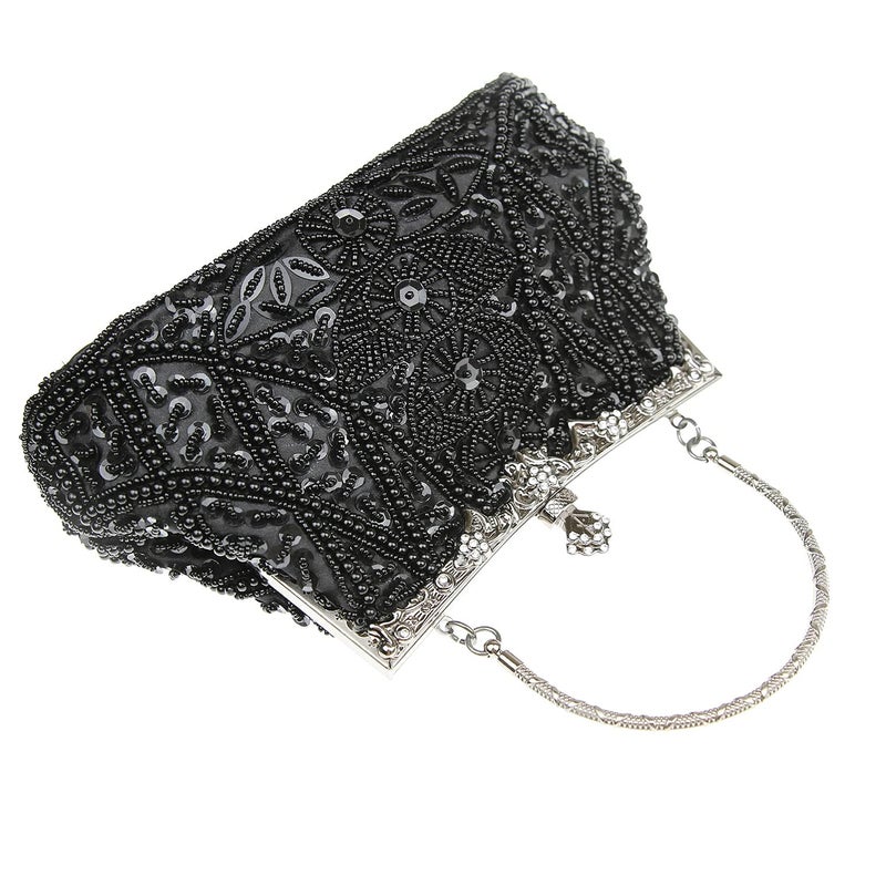 DA BODAN Women's Evening Bag Vintage Beaded Sequin Pearl Clutch Handbag Shoulder Bag Purses for Wedding Bridal Prom Party (Black) - Image 4